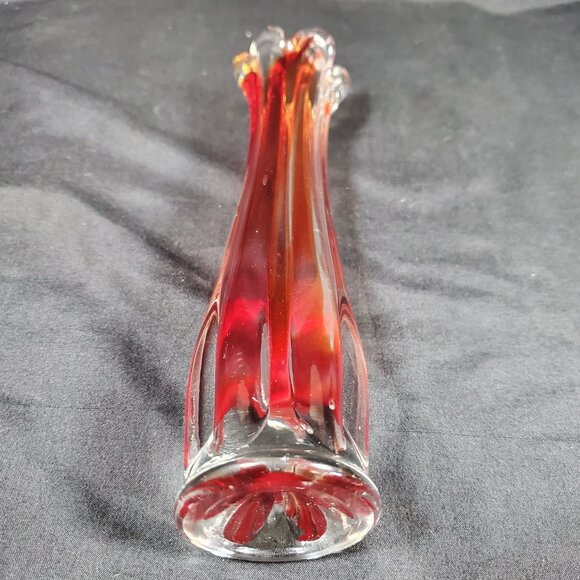 Vintage Amberina Red Orange Art Glass Bud Vase | Mid Century Hand Blown Ruffled - Picture 12 of 13